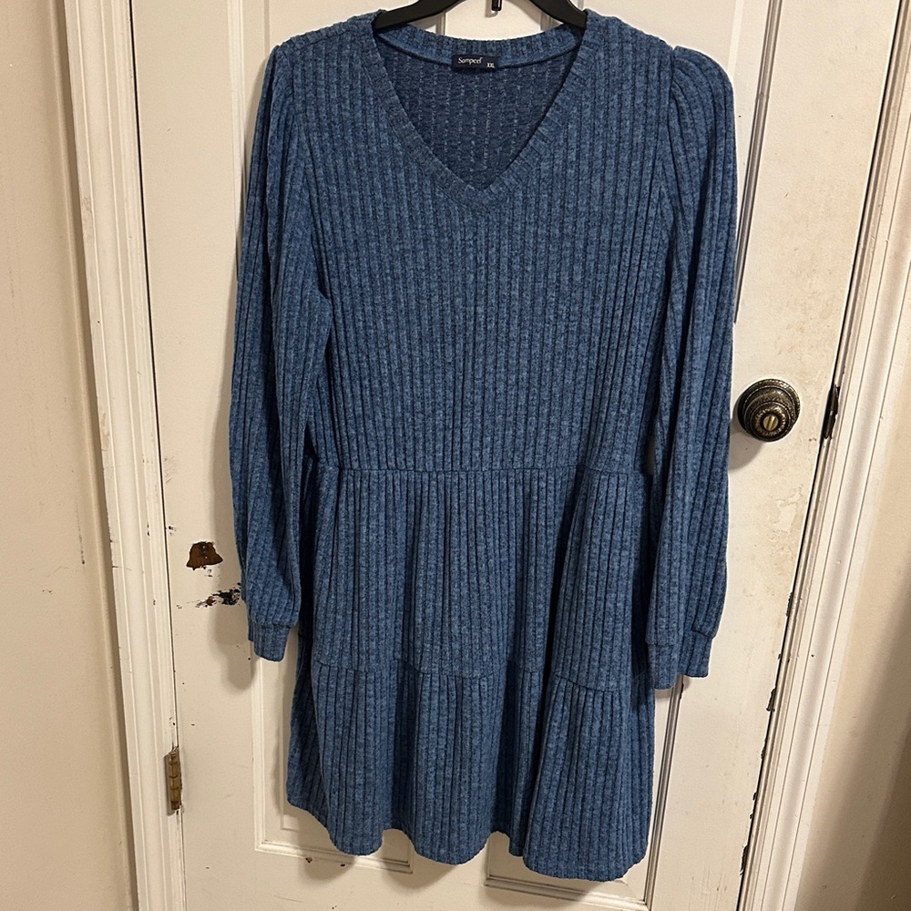 Sonnet Blue Ribbed V-Neck Long Sleeve Dress